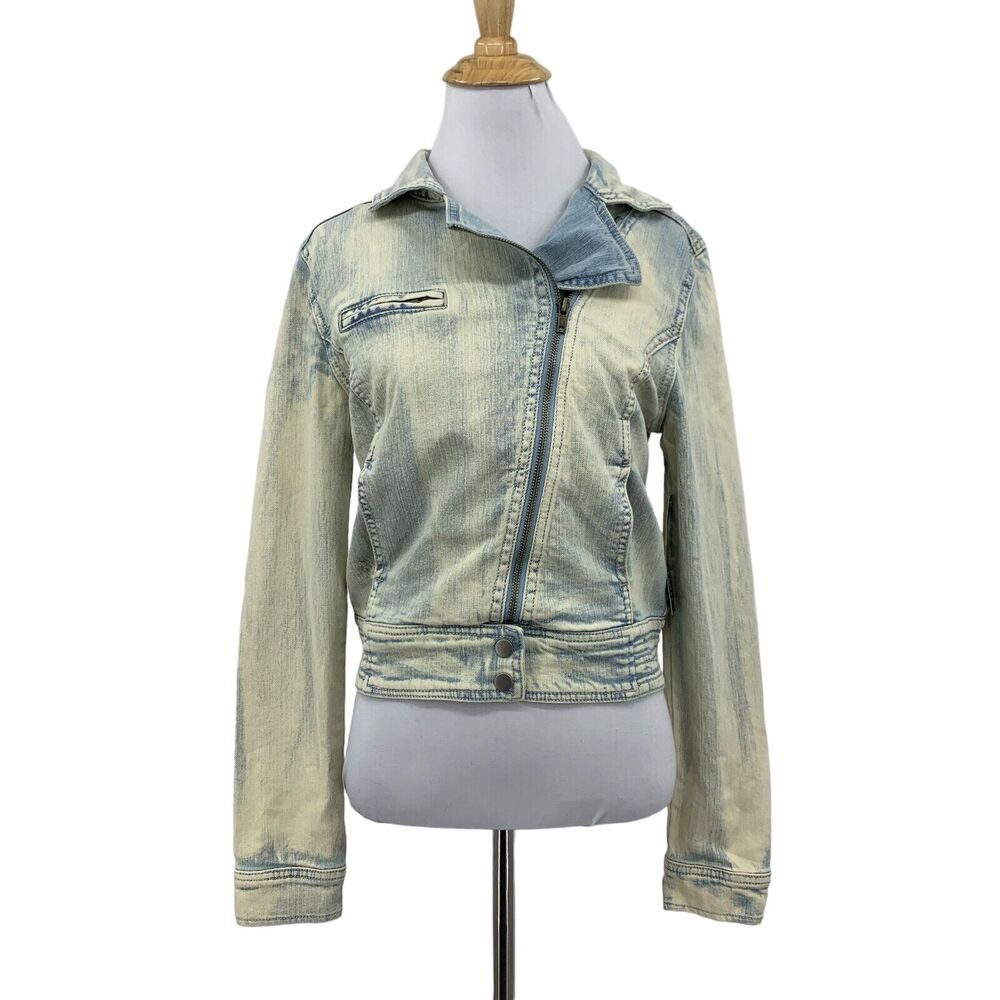 Fire Los Angeles Jacket Womens S Small Acid Washed Cropped Moto Zip Snap Hem